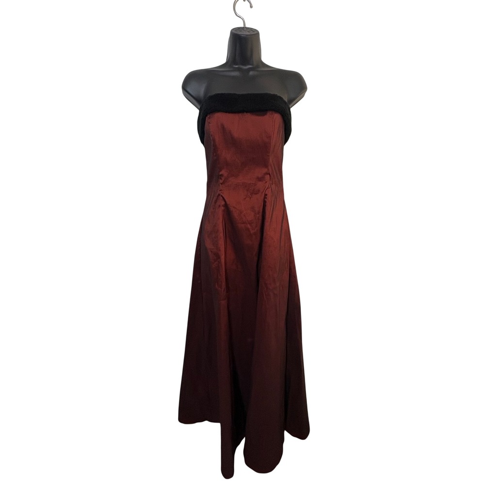 Vintage Dawn Joy Size 3/4 Red Black Faux Fur Trim Maxi Formal Dress Whimsigoth